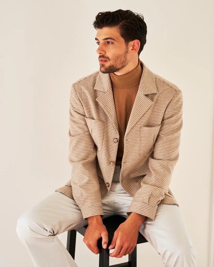 PIETRA SALATA Napoli John Beige Pied de Poule Wool Jacket Car Coat NEW Slim